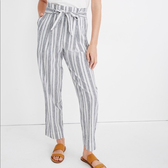 Linen-Cotton Paperbag Pants in Dark Baltic Stripe - Picture 4 of 9